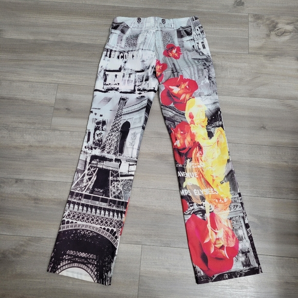 Vintage Y2K PARIS FRANCE EIFFEL Tower Champs Elysees Postcard Print Pants - Picture 3 of 5